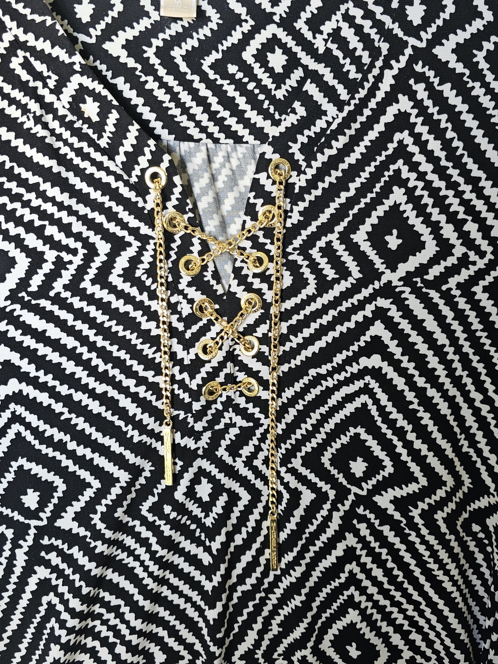 MICHAEL Michael Kors Black and White Geometric Lace-Up Long Sleeve Dress - Picture 3 of 16